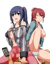 2boys 2girls absurdres bar_censor blue_eyes blue_hair blush breasts cellphone censored clothed_sex clothing crotch_seam cum cum_in_pussy group_sex highres hu_sea large_breasts male_pubic_hair midori_imai multiple_boys multiple_girls multiple_penises navel nipples one_eye_closed open_mouth pantyhose penis phone ponytail pubic_hair pussy red_hair sakaki_shizuka sex shirobako shirt_lift side_ponytail simple_background skirt smartphone testicles thighband_pantyhose tied_hair torn_clothes torn_pantyhose vertical_stripes white_background