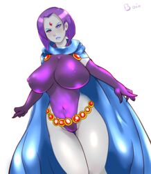 belt blush cape curvy dc dc_comics female gloves grey_skin highres leotard purple_eyes purple_hair rachel_roth raven_(dc) short_hair smooth_skin solo superboin teen_titans wide_hips