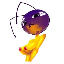 1girls antennae antennae_(anatomy) bee_girl bee_humanoid big_breasts breasts female female female_only hairless icecreammrr mrairat multicolored_body purple_body purple_head red_nipples simple_background simple_eyes white_background yellow_body