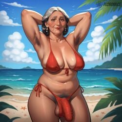 1futa ai_generated alma_madrigal armpit_hair armpits ball_hair balls beach bikini encanto erect_penis erection erection_under_clothes erection_under_clothing flordulce futa_only futanari gilf grandmother granny granny_cock granny_futa hairy_armpits hairy_balls hairy_testicles hands_behind_head outdoors penis pubic_hair seductive seductive_look seductive_smile short_hair solo_futa standing