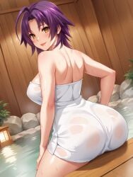 ai_generated ass azuma_marina big_breasts isogil kashidashi_tsuma_marina_no_"netorase"_houkoku_binkan_tsuma_to_zetsurin_daigakusei looking_at_viewer nude onsen purple_hair towel water yellow_eyes