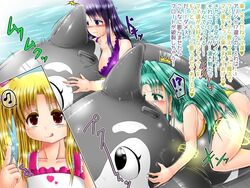 3girls alicia_testarossa bikini blonde_hair blush breasts genzaburoh green_eyes green_hair inflatable_toy inflatable_whale large_breasts lindy_harlaown lyrical_nanoha mahou_shoujo_lyrical_nanoha masturbation multiple_girls musical_note open_mouth pool poolside precia_testarossa purple_bikini purple_eyes purple_hair red_eyes riding spoken_musical_note swimsuit text translation_request water yellow_bikini