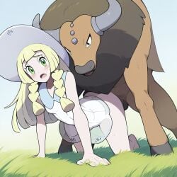 1boy 1girls ai_generated all_fours big_bubba bull bully_style clothed_sex female_penetrated lillie_(pokemon) male/female male_pokemon/female_human no_escape pokemon pokemon_(species) pokephilia sex small_breasts tauros thrusting_power