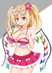 1girls alternate_breast_size big_breasts blonde_hair blush cleavage female flandre_scarlet ganon_capybara gems long_hair looking_at_viewer midriff nail_polish pointy_ears red_eyes ribbon skirt smile smiling_at_viewer solo touhou touhou_arcadia_record twintails vampire wings