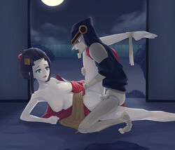 1boy bare_shoulders barefoot black_hair bottomless breasts breasts_apart detached_sleeves female game_center_arashi green_eyes haggle_man japanese_clothes jiffic kimono leg_lift monster night ninja nipples no_panties open_clothes open_kimono penis robot sex spooning straight toes uncensored vaginal_penetration