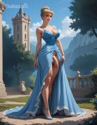 1futa abs ai_generated balls big_balls big_breasts breasts cinderella_(disney) curvy cutanari dickgirl disney futa_only futanari looking_at_viewer nipples nsfw nude penis perfect_body ready_to_fuck small_waist smile solo tan_skin testicles