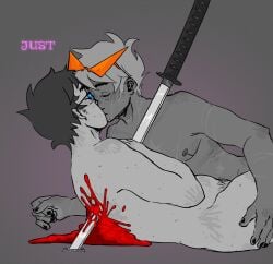 blood color dead death dirk_strider ftm glasses gore headgear headwear homestuck intimate jake_english male male_death partially_colored samurai_sword shades short_hair short_hair_male spiky_hair sunglasses sword top_surgery_scars viktor