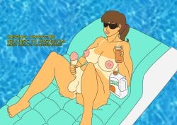 brown_hair futanari jacking_off masturbation orange_juice pool sunglasses tanline tanlines