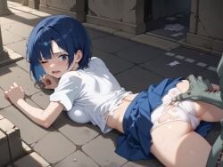 ai_generated ass ass_grab ass_grope historyia looking_back night on_ground on_stomach original original_character scared skirt_lift skirt_up torn_clothes torn_panties upskirt zombie