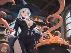 ai_generated big_breasts cauldron cleavage historyia navel navel_window original original_character red_eyes tentacle tentacle thigh_slit thighs tight_clothing tight_dress white_hair witch witch_hat