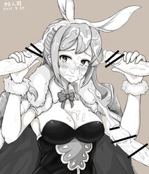 animal_ears bar_censor blush breasts bunny_ears censored cleavage cum cum_on_body cum_on_breasts cum_on_hair cum_on_upper_body dated double_handjob ejaculation facial female granblue_fantasy handjob kaeru_otoko monochrome multiple_penises penis therese_(granblue_fantasy)