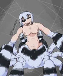 1girls 2d 2d_(artwork) 4_eyes 8_legs abs abstract_background against_fourth_wall anemone_antimony arachnid arachnid_humanoid arachnid_taur athletic_female black_sclera claws cyan_eyes drool drooling fangs female female flesh_fang hairpin jac_spinett light-skinned_female light_skin looking_at_viewer monster monster_girl nipples nude nude_female open_mouth original original_character pale pale-skinned_female pale_skin pinned_down pointy_ears self_upload sharp_teeth short_hair small_breasts small_dom solo solo_female solo_focus spider spider_girl spider_taur straight_hair striped_fur stripes tongue tongue_out two_tone_fur two_tone_hair white_fur white_hair