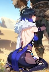 ai_generated arm_around_leg back big_ass blowjob blush dark-skinned_male dat_ass exposed_back fellatio genshin_impact hand_on_head heels high_heels hilichurls_(species) holding_leg huge_ass huge_breasts interspecies large_breasts light-skinned_female miyuai monster muscular_male on_knees oral voluptuous voluptuous_female yelan_(genshin_impact)