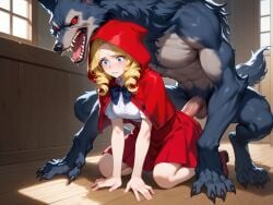 ai_generated all_fours anthro blonde_hair cloak historyia hood imminent_rape little_red_riding_hood on_floor original original_character teenage_girl wolf younger_female