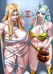 2d 2girls big_breasts bikini english_text fate/grand_order fate_(series) female female_only halloween halloween_costume halloween_theme highres kukulkan_(fate) large_breasts light-skinned_female looking_at_viewer mature_female mature_woman milf multiple_girls mummy mummy_costume muscular muscular_female naughty_face naughty_smile open_mouth quetzalcoatl_(fate) revealing_clothes servant_(fate) smile standing trick_or_treat video_game_character video_games zinfian