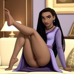 1girls ai_generated asha_(disney) ass bare_legs bare_thighs barefoot black_hair brown_eyes clothed clothed_female couch dark-skinned_female dark_hair dark_skin disney dreadlocks dress dress_lift dress_up dressed earrings exposed_pussy feet female female_focus female_only freckles freckles_on_face fully_clothed human human_female indoors inside jewelry knees knees_up lamp leg_up legs long_hair long_sleeves looking_at_viewer makeup no_panties pillow purple_dress pussy red_lips red_lipstick sitting sitting_on_couch sitting_on_sofa sofa solo solo_female thighs uzzlegorf wish_(film)