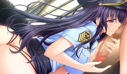 ass ass_cleavage atelier_kaguya baku_ane_otouto_shibocchau_zo! ball_sucking blush breasts brother_and_sister butt_crack censored choco_chip cosplay female game_cg handjob hat hayasaki_mio huge_breasts incest long_hair mosaic_censoring penis police policewoman purple_hair red_eyes sitting skirt skirt_lift standing sweatdrop testicles thong uniform