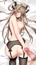 all_fours amagi_brilliant_park antenna_hair anus ass black_legwear blush bow breasts brown_eyes brown_hair censored female from_above garter_belt garter_straps hair_twirling hairbow handjob highres hongsil long_hair looking_back mosaic_censoring no_bra no_panties penis pov pussy pussy_juice sento_isuzu thighhighs twitter_username veins veiny_penis