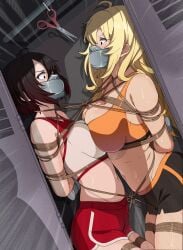 arms_tied_behind_back asphyxiation black_hair blonde_hair bondage bound_together gag gagged in_locker over_the_nose_gag ruby_rose rwby scared scissors tape_gag taped_hands tiedtiki yang_xiao_long