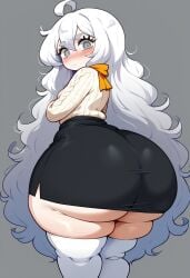 1girls ai ai_generated ai_slop ass ass_focus black_skirt bottom_heavy charlotte_wiltshire charlotte_wiltshire_(episodes_1-2) female female_protagonist fluffy_hair gigantic_ass hello_charlotte huge_ass looking_back miniskirt pale_skin skirt_too_short slop small_breasts straining sweater thick_thighs thighhighs very_long_hair white_hair white_shirt wide_hips