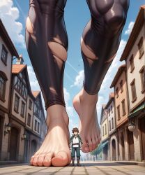 ai_generated darkness_(konosuba) feet giantess kono_subarashii_sekai_ni_shukufuku_wo! lalatina_dustiness_ford larger_female satou_kazuma smaller_male street torn_tights