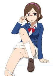 blush brown_eyes brown_hair female female glasses gundam gundam_build_fighters hairband ichihisa kousaka_china panties panties_around_leg pussy school_uniform short_hair sitting skirt solo tagme uncensored