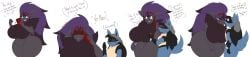 accessory anthro arm_tuft beanie big_breasts black_body black_eyes black_fur black_hair blue_body blue_fur blush breasts canid canine claws closed_eyes clothing curvy_anthro curvy_female curvy_figure dart(dewwydartz) dart_(dewwydarts) dewwydarts dewwydartz dialogue duo emanata featureless_breasts female food fur generation_4_pokemon generation_5_pokemon greeting grey_body grey_fur hair happy hat headband headgear headwear heart_symbol hi_res holding_object hourglass_figure hourglass_figured_anthro hourglass_figured_female huge_breasts inner_monologue larger_female looking_at_another lucario male male/female mammal multicolored_body multicolored_fur multicolored_hair nea(dewwydartz) nea_(dewwydarts) nintendo nude open_mouth pocky pocky_game pocky_in_mouth pokemon pokemon_(species) purple_claws purple_hair red_headband shiny_pokemon shoulder_tuft simple_background simple_eyes size_difference slightly_chubby smaller_male solo spikes spikes_(anatomy) standing teal_eyes thick_thighs tuft two_tone_body two_tone_fur two_tone_hair voluptuous white_background wide_hipped_anthro wide_hipped_female wide_hips zoroark