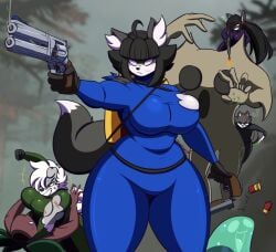 1boy 3girls big_breasts breasts dara_(dewwydartz) dee(dewwydartz) dewwy(dewwydartz) dewwydarts dewwydartz female fren_(dewwydartz) furry huge_breasts lethal_company terra_(dewwydartz) thick_thighs wide_hips