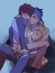 2boys ass ass_grab blue_hair blush brown_hair cu_chulainn_(fate) cum cum_in_ass cum_on_body cum_on_upper_body cum_while_penetrated emiya_shirou fate/stay_night fate_(series) human inaho178 male male_only multiple_boys saliva saliva_swap saliva_trail upright_straddle yaoi