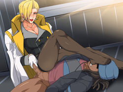 1boy blonde_hair censored charlemagne_(monsuno) dax_(monsuno) feet female femdom gureko_rouman handjob highres lipstick monsuno pantyhose tease teasing