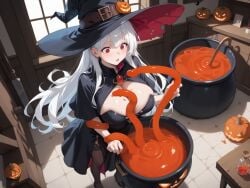 ai_generated cauldron cleavage halloween historyia jack-o'-lantern original original_character red_eyes tentacle tentacles_around_arms white_hair witch witch_costume witch_hat