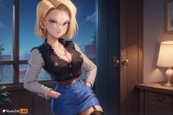 1girls ai_generated android_18 artist_name belt black_shirt blonde_hair blue_eyes blue_skirt breasts cleavage collarbone denim denim_skirt dragon_ball dragon_ball_super dragon_ball_z earrings garter_straps hands_in_pockets hi_res indoors jewelry large_breasts long_sleeves looking_at_viewer medium_breasts night patreon_logo patreon_username rule34lab shirt short_hair skirt sky smile solo thighhighs window