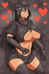 black_hair breasts dr.bug exposed_midriff female large_breasts minecraft minecraft_mob mob_talker simple_background thighhighs underboob wither_skeleton