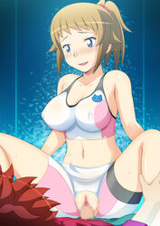 1boy 1girls blonde_hair blue_eyes blush breasts censored cleavage clothed_sex cowgirl_position erect_nipples female gundam gundam_build_fighters gundam_build_fighters_try highres hoshino_fumina kamiki_sekai large_breasts legs long_hair looking_down lying male midriff mosaic_censoring navel no_panties penis ponytail pussy sex simple_background sitting sitting_on_person smile straight studio_sunadokei sweat thighs tied_hair torn_clothes vaginal_penetration