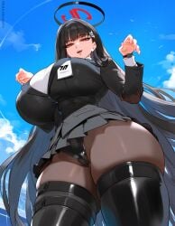 1girls ai_generated big_breasts black_hair blue_archive breasts female female_focus female_only huge_breasts large_breasts long_hair looking_at_viewer red_eyes rio_(blue_archive) thick_thighs thighs