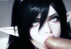 ai_generated black_hair blowjob blue_eyes close-up earrings elf elf_ears elf_female eyeliner fellatio hair_between_eyes long_eyelashes long_hair looking_at_another looking_at_partner looking_up nai_diffusion oral original original_character parted_bangs penis pointy_ears pujopg sucking sucking_penis torogao veiny_penis