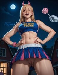 ai_generated belly blonde_hair chainsaw_man cheerleader cosplay from_below halloween hands_on_hips horn juliet_starling_(cosplay) lollipop lollipop_chainsaw nail_polish penguih power_(chainsaw_man) sharp_teeth skirt skirt_up under_skirt