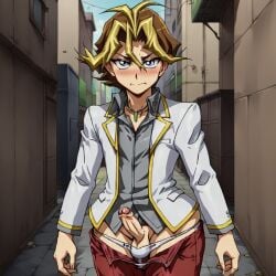 1boy 2d ai_generated alley condom erection exhibitionism femboy femboy_focus looking_at_viewer male_focus male_only outdoors panties penis small_penis smirk solo standing sylvio_sawatari thick_thighs trap two_tone_hair yu-gi-oh! yu-gi-oh!_arc-v