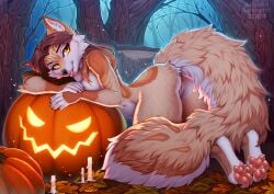 2020s 2024 anthro anus branch breasts candle canid canine canis ears_up female fluffy fluffy_tail food forest fox fruit genitals halloween hi_res holidays jack-o'-lantern kyotoleopard looking_at_viewer mammal night night_time nude nude_anthro nude_female paws plant pumpkin pussy solo tail tongue tongue_out tree tree_bark tree_stump yellow_eyes