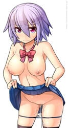 bowtie breasts character_request cum cum_in_panties cum_in_pussy cumdrip embarrassed highres lavender_hair nipples ooyama_kina panties panty_pull purple_hair red_eyes ribbon skirt skirt_lift thighhighs topless underwear