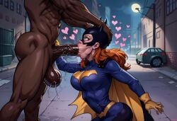 ai_generated barbara_gordon batgirl batman_(series) blowjob dark-skinned_male dc dc_comics fellatio huge_cock hyper_penis interracial oral pale-skinned_female will_of_ai