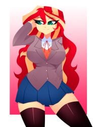 1girls big_breasts breasts equestria_girls female friendship_is_magic monika_(doki_doki_literature_club)_(cosplay) my_little_pony school_uniform schoolgirl solo solo_female sunset_shimmer thick_thighs thighhighs xan-gelx(xan)