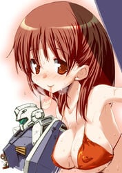 1girls bikini breasts brown_eyes brown_hair condom condom_in_mouth cum female gundam gundam_lost_war_chronicles hirowa_nagi human light-skinned_female light_skin mecha noel_anderson shield swimsuit used_condom