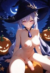 1futa absurdres ai_generated bangs blush braid breasts closed_mouth completely_nude cone_hair_bun crescent_moon earrings erection full_moon futa_only futanari genshin_impact hair_bun hair_ornament halloween halloween_costume hat headwear_request highres jack-o'-lantern jewelry keqing_(genshin_impact) large_breasts long_hair looking_at_viewer medium_breasts moon nail_polish navel night night_sky nipples niraniri nude outdoors patreon_username penis pink_eyes pumpkin purple_hair purple_nails sitting sky smile solo spellcaster star_(sky) tassel testicles thighs twintails uncensored v-shaped_eyebrows veins veiny_penis watermark web_address witch witch_hat