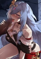 1boy 1girls black_nail_polish black_nails blowjob blush censored chinese_clothes clothed eyebrows_visible_through_hair fellatio fu_hua fu_hua_(herrscher_of_sentience) gemstone grey_hair hair_ornament haraya holding_penis honkai_impact_3rd kneeling kneeling_oral_position licking_penis on_knees pixiv_commission red_eyes very_long_hair