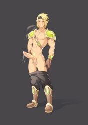 1man adult armor big_penis blonde_hair blonde_pubic_hair blush chocofrito cra erection green_eyes kaymos male male_only muscular pants_down pre-cum pubic_hair six_pack standing wakfu