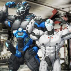 2boys bara biceps cleatus_the_fox_sports_robot crusader1080 flexing male_only muscles muscular_male robot robot_penis size_difference testicles