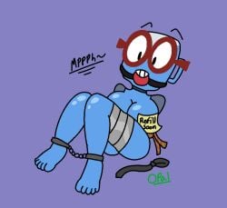 5_toes animate_inanimate ball_gag barefoot bondage glasses jackbox_games job_job large_breasts leg_cuffs looking_down m._bubbles muffled onomatopoeia opalautumns rope_bondage shiny_skin signature sticky_note tape_bondage the_jackbox_party_pack_8 water_cooler