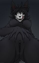 anthro areola bedroom_eyes black_areola black_background black_body black_fur black_hair black_nipples black_pussy bone breasts canid canine claws dark dark_body dark_fur fangs female finger_claws fur genitals glowing glowing_eyes hair hand_on_belly hi_res kazrune looking_at_viewer looking_down low-angle_view malo mammal narrowed_eyes nipples no_irises nude open_mouth presenting presenting_pussy pupils pussy scp-1471 scp-1471-a scp_foundation seductive simple_background skull skull_head solo standing_over teeth tongue white_eyes