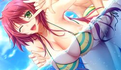 1male atelier_kaguya baku_ane_otouto_shibocchau_zo! bent_over bikini blush breasts brother_and_sister choco_chip clothed_female_nude_male erect_nipples female game_cg gesture green_eyes hair hayasaki_yurine huge_breasts ily_sign incest legs long_hair looking_at_viewer mole navel ocean open_mouth partially_submerged red_hair sex sky smile striped_bikini thighs vaginal_penetration water wet wink